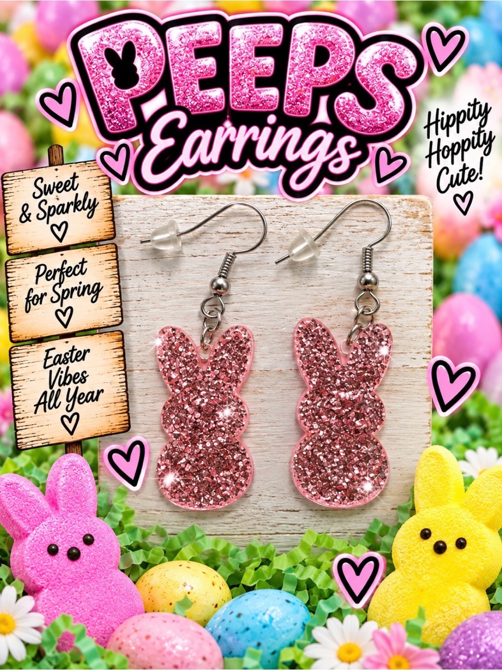 Peeps Glitter Bunny Earrings - Cute Sparkly Spring Accessory